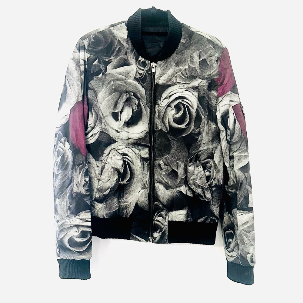 BLK DNM Black, Gray, and Purple Floral Printed Bomber Jacket
